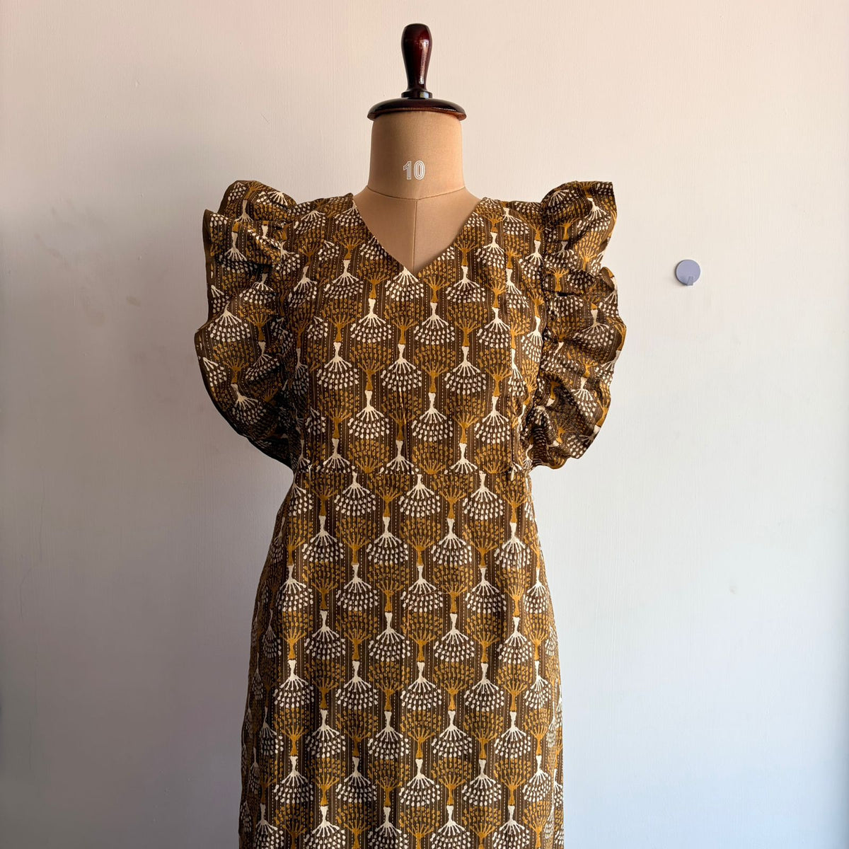 Olive Green Kantha Cotton Ruffle Sleeve Short Maternity Gown | Free Size | Chest Width 44″| Length 44″