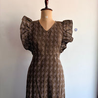 Coffee Brown Kantha Cotton Ruffle Sleeve Short Maternity Gown | Free Size | Chest Width 44″| Length 44″