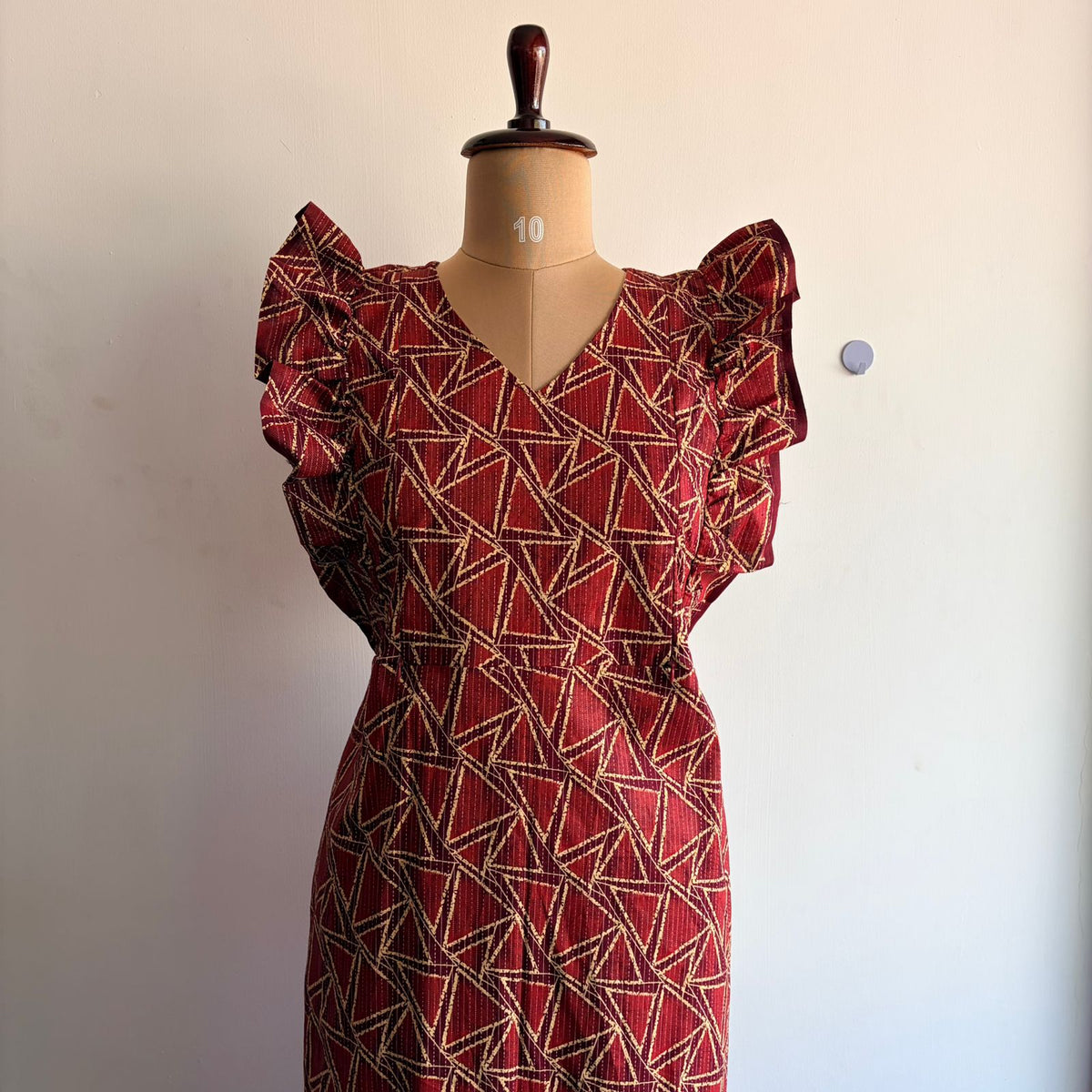 Maroon Kantha Cotton Ruffle Sleeve Short Maternity Gown | Free Size | Chest Width 44″| Length 44″
