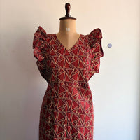 Maroon Kantha Cotton Ruffle Sleeve Short Maternity Gown | Free Size | Chest Width 44″| Length 44″