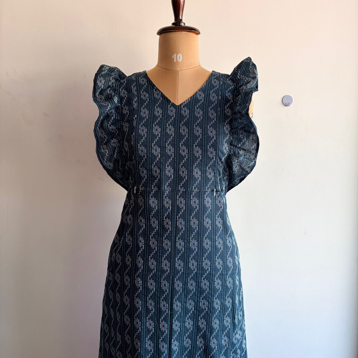Teal Blue Kantha Cotton Ruffle Sleeve Short Maternity Gown | Free Size | Chest Width 44″| Length 44″