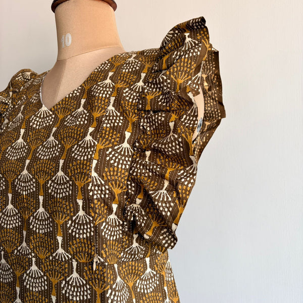 Olive Green Kantha Cotton Ruffle Sleeve Short Maternity Gown | Free Size | Chest Width 44″| Length 44″