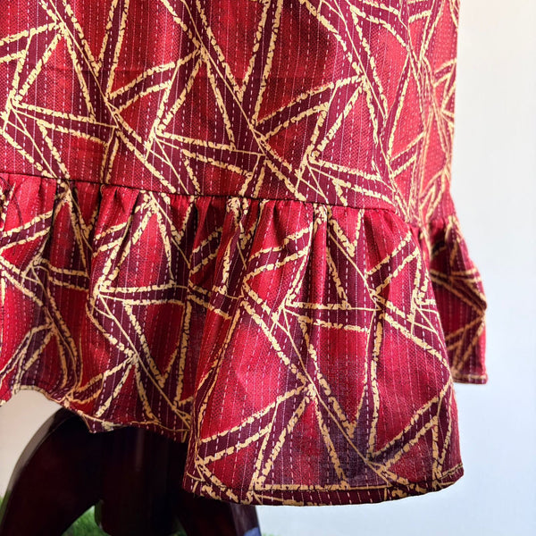 Maroon Kantha Cotton Ruffle Sleeve Short Maternity Gown | Free Size | Chest Width 44″| Length 44″
