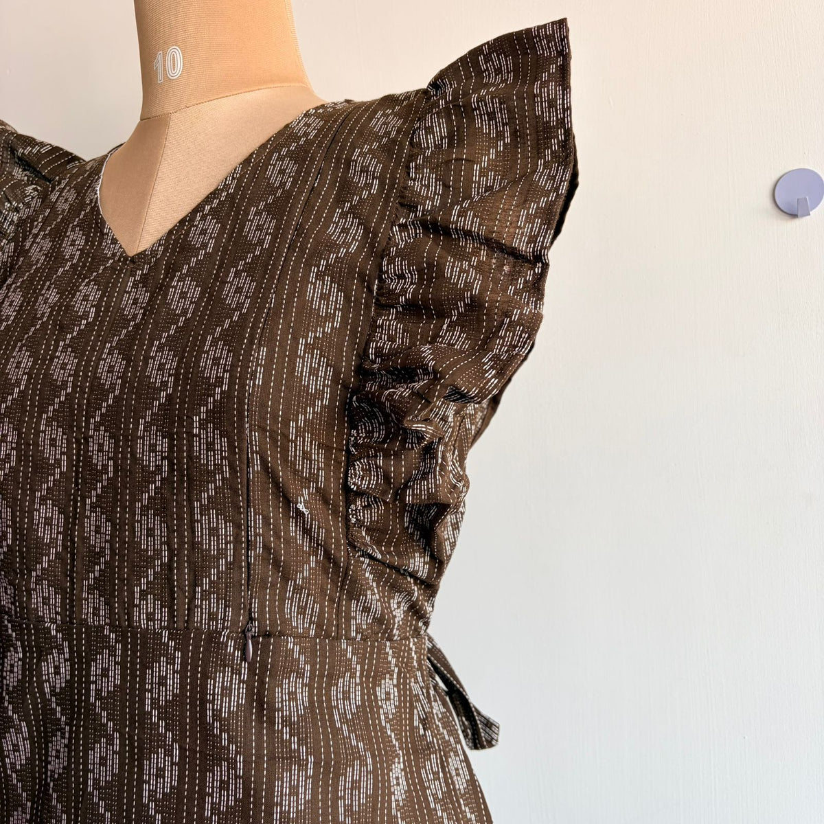 Coffee Brown Kantha Cotton Ruffle Sleeve Short Maternity Gown | Free Size | Chest Width 44″| Length 44″