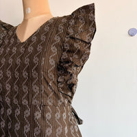 Coffee Brown Kantha Cotton Ruffle Sleeve Short Maternity Gown | Free Size | Chest Width 44″| Length 44″