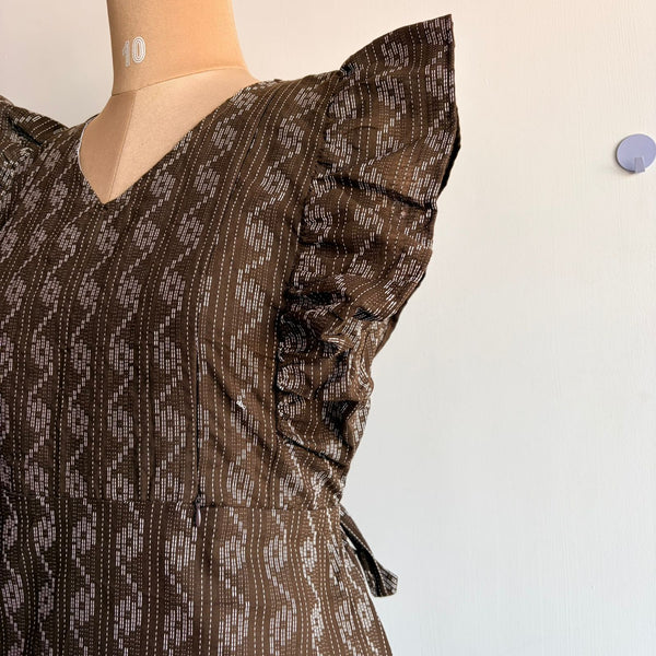 Coffee Brown Kantha Cotton Ruffle Sleeve Short Maternity Gown | Free Size | Chest Width 44″| Length 44″