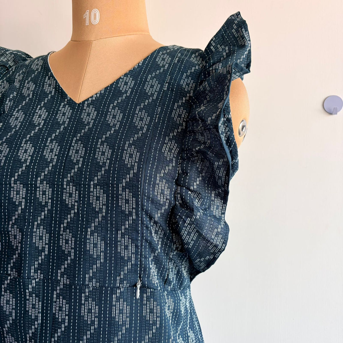 Teal Blue Kantha Cotton Ruffle Sleeve Short Maternity Gown | Free Size | Chest Width 44″| Length 44″