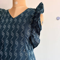 Teal Blue Kantha Cotton Ruffle Sleeve Short Maternity Gown | Free Size | Chest Width 44″| Length 44″