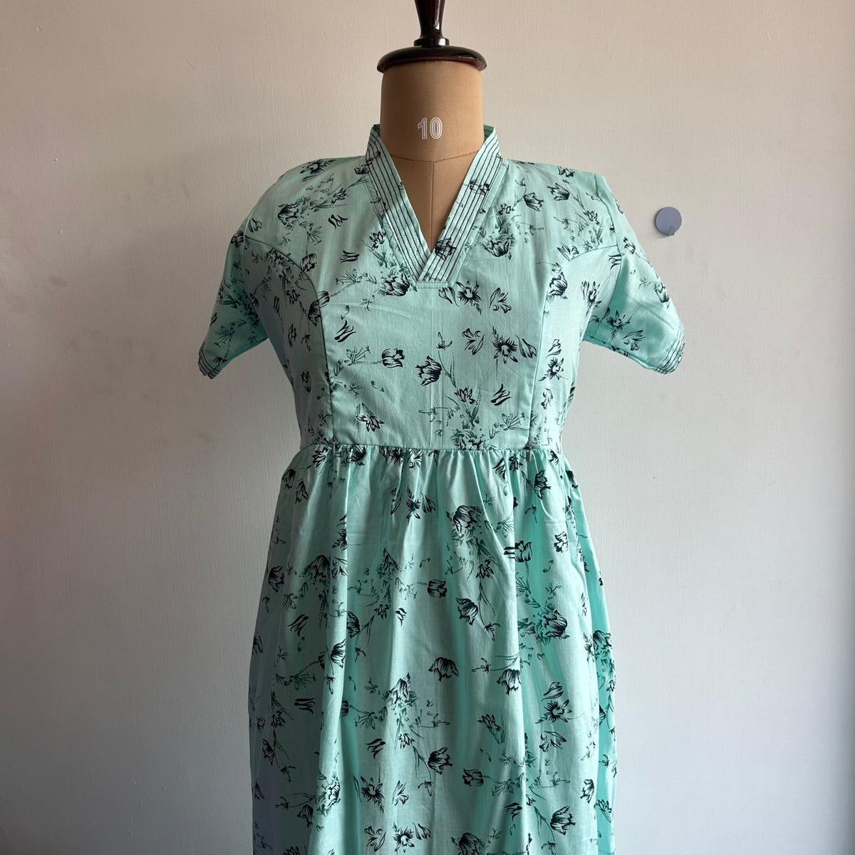 Pastel Green Floral Printed Premium Cotton V Collar Neck Short Maternity Gown | Free Size |