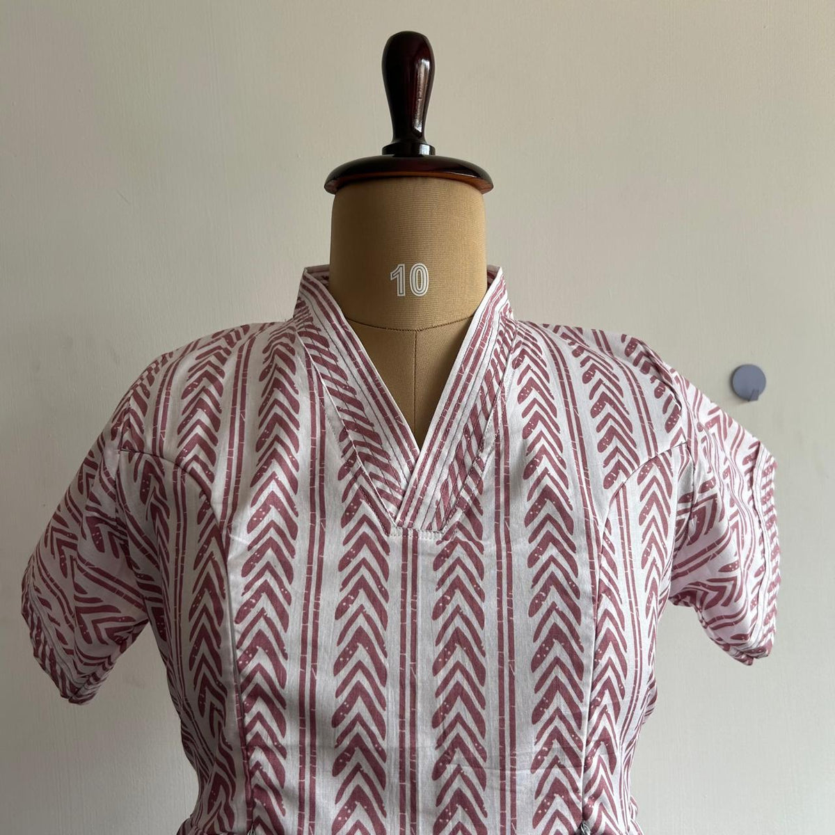 White And Mauve Printed Premium Cotton V Collar Neck Short Maternity Gown | Free Size |