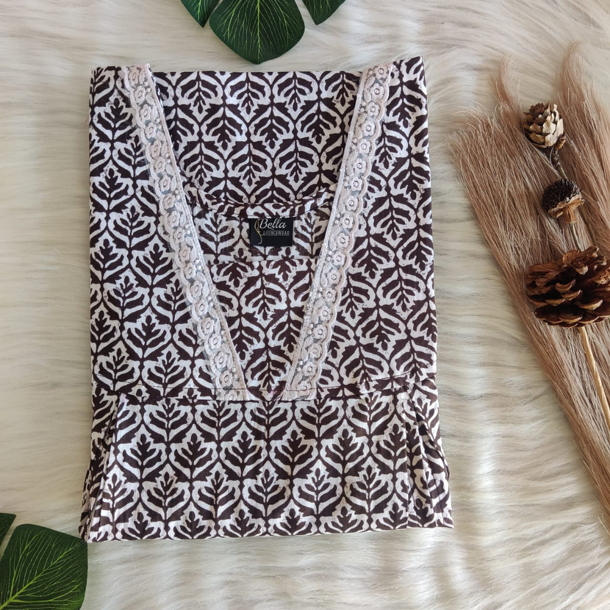 White And Black Leaf Printed Premium Cotton Two Side Vertical Lace Zip Feeding Nighty | Free Size | Chest Width 44″| Length 56″