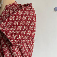 Maroon Floral Printed Kantha Cotton Short Feeding Top With Centre Long Zip And Puff Sleeve | Free Size |