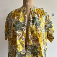 Yellow Floral Printed Kantha Cotton Short Feeding Top With Centre Long Zip And Puff Sleeve | Free Size |