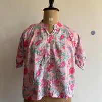 Pink Floral Printed Kantha Cotton Short Feeding Top With Centre Long Zip And Puff Sleeve | Free Size |