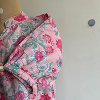 Pink Floral Printed Kantha Cotton Short Feeding Top With Centre Long Zip And Puff Sleeve | Free Size |