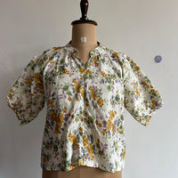 White Floral Printed Kantha Cotton Short Feeding Top With Centre Long Zip And Puff Sleeve | Free Size |