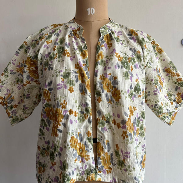 White Floral Printed Kantha Cotton Short Feeding Top With Centre Long Zip And Puff Sleeve | Free Size |