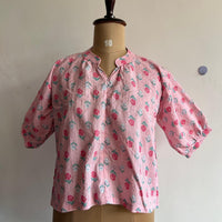 Pink Floral Printed Kantha Cotton Short Feeding Top With Centre Long Zip And Puff Sleeve | Free Size |