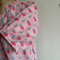 Pink Floral Printed Kantha Cotton Short Feeding Top With Centre Long Zip And Puff Sleeve | Free Size |
