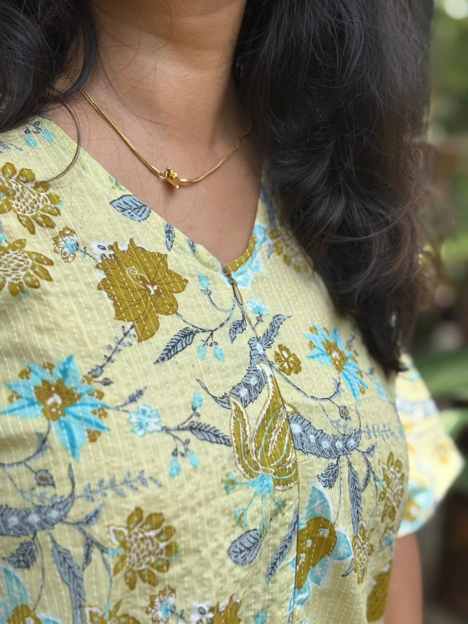 Yellow Floral Printed Kantha Cotton Short Feeding Kaftan | Free Size |