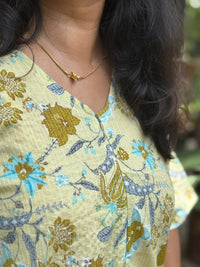 Yellow Floral Printed Kantha Cotton Short Feeding Kaftan | Free Size |