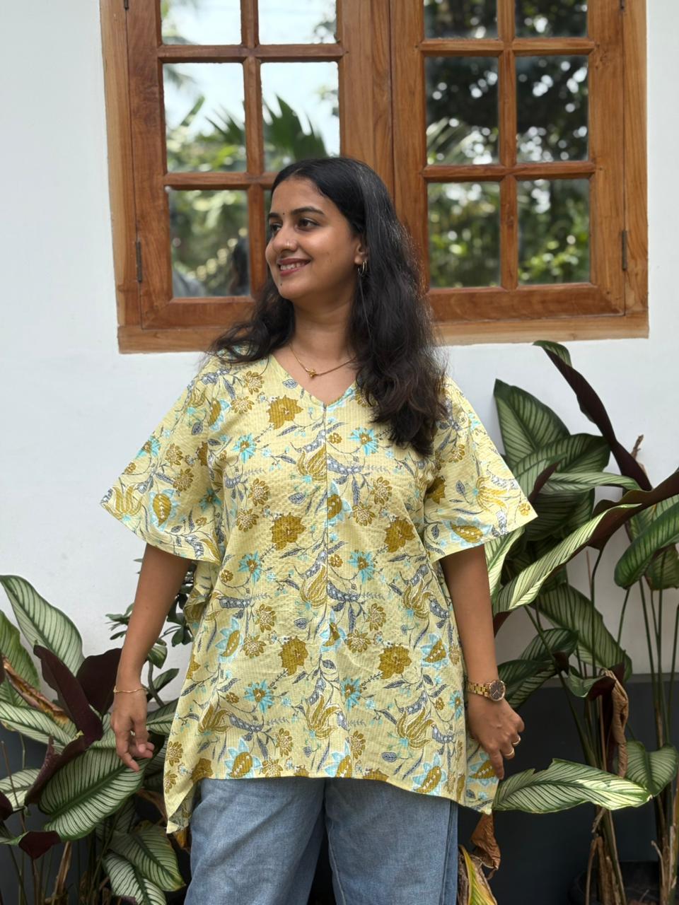 Yellow Floral Printed Kantha Cotton Short Feeding Kaftan | Free Size |