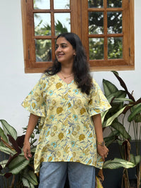 Yellow Floral Printed Kantha Cotton Short Feeding Kaftan | Free Size |