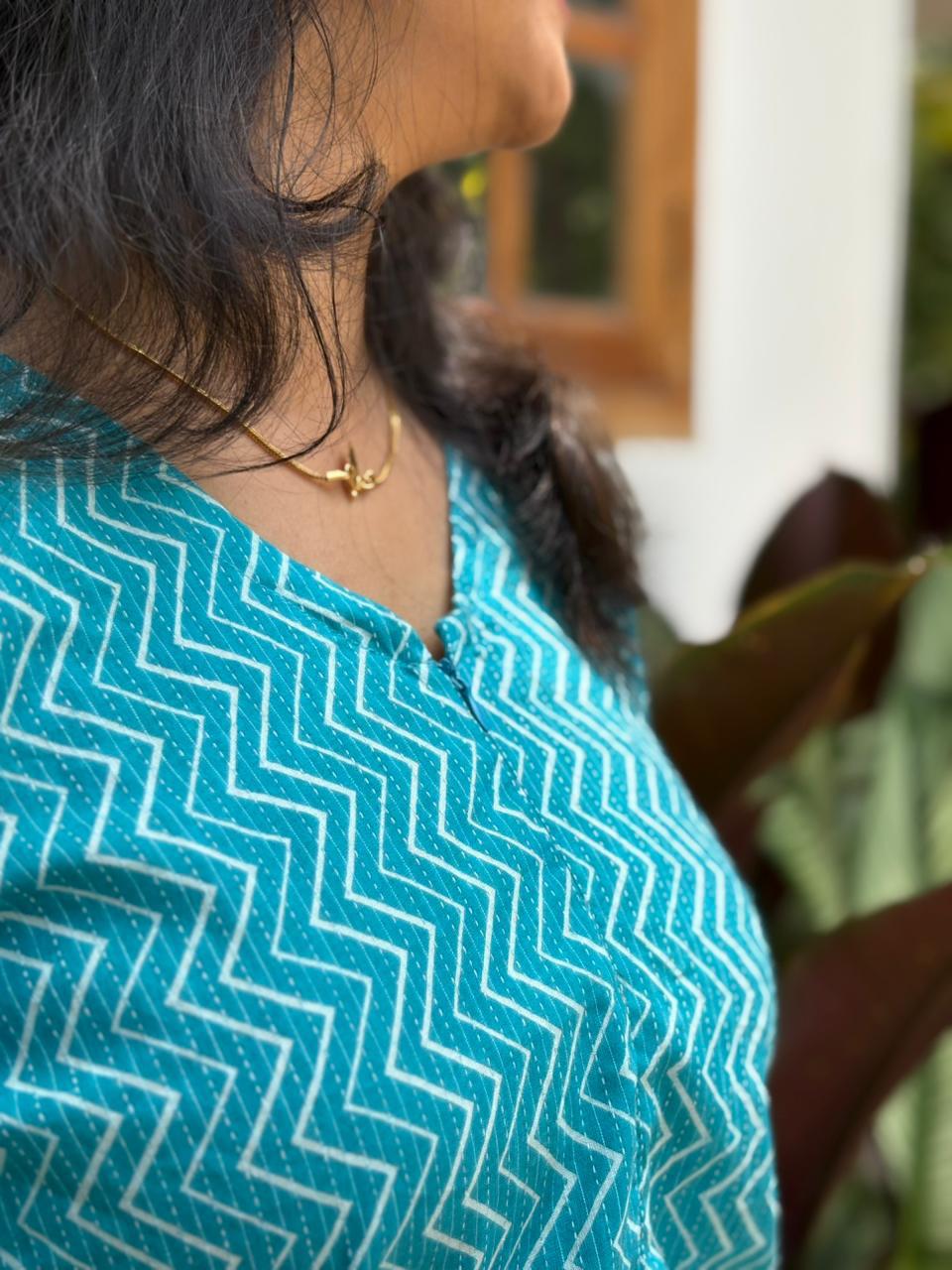 Blue Printed Kantha Cotton Short Feeding Kaftan | Free Size |