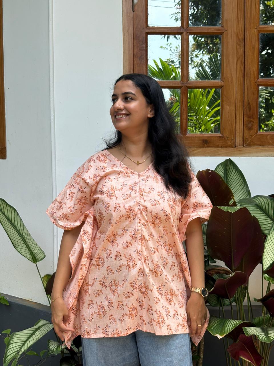 Orange Floral Printed Kantha Cotton Short Feeding Kaftan | Free Size |