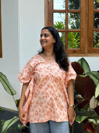 Orange Floral Printed Kantha Cotton Short Feeding Kaftan | Free Size |