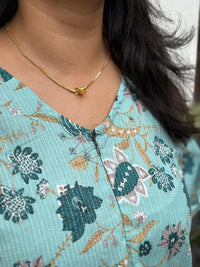 Aqua Green Floral Printed Kantha Cotton Short Feeding Kaftan | Free Size |