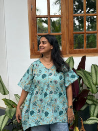 Aqua Green Floral Printed Kantha Cotton Short Feeding Kaftan | Free Size |