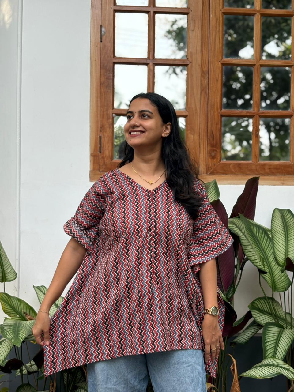 Maroon And Black Printed Kantha Cotton Short Feeding Kaftan | Free Size |
