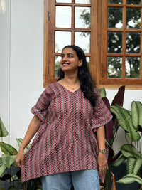 Maroon And Black Printed Kantha Cotton Short Feeding Kaftan | Free Size |