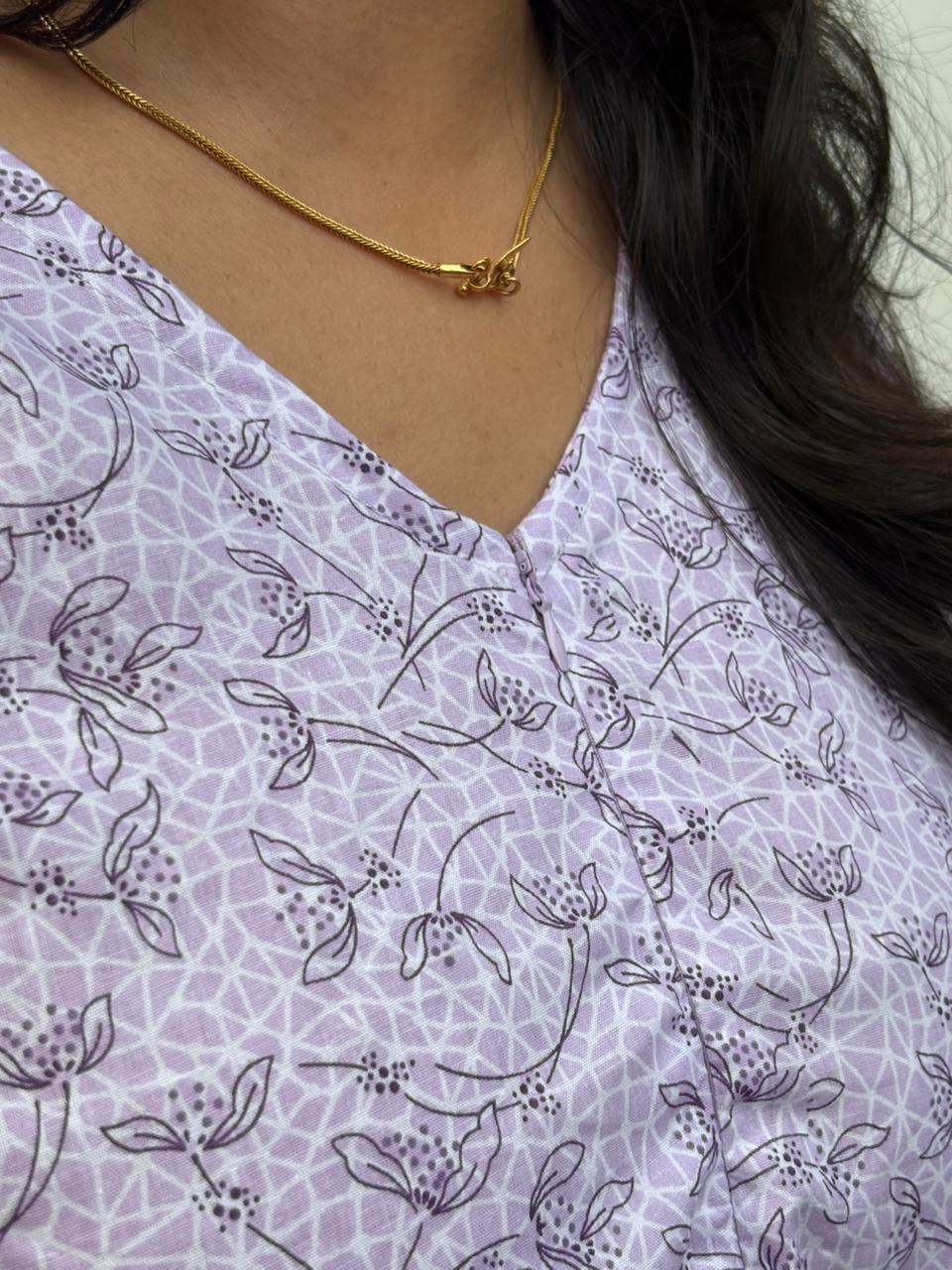 Purple Floral Printed  Cotton Short Feeding Kaftan | Free Size |