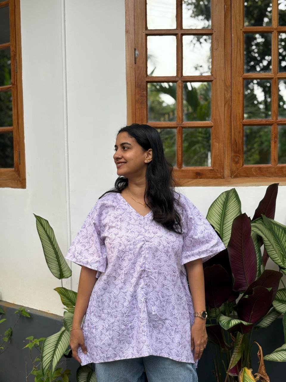 Purple Floral Printed  Cotton Short Feeding Kaftan | Free Size |