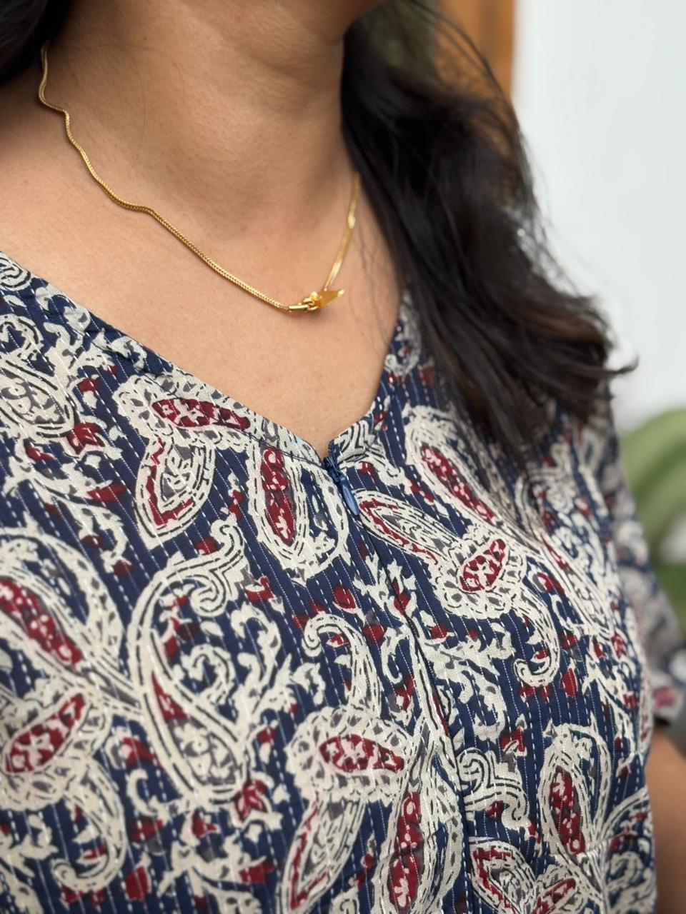 Navy-Blue Kalamkari Printed Kantha Cotton Short Feeding Kaftan | Free Size |