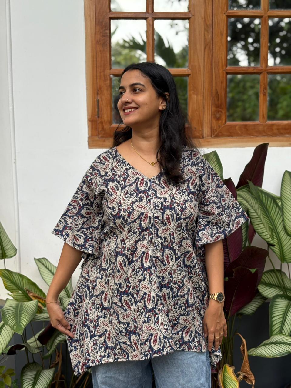 Navy-Blue Kalamkari Printed Kantha Cotton Short Feeding Kaftan | Free Size |