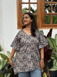 Navy-Blue Kalamkari Printed Kantha Cotton Short Feeding Kaftan | Free Size |