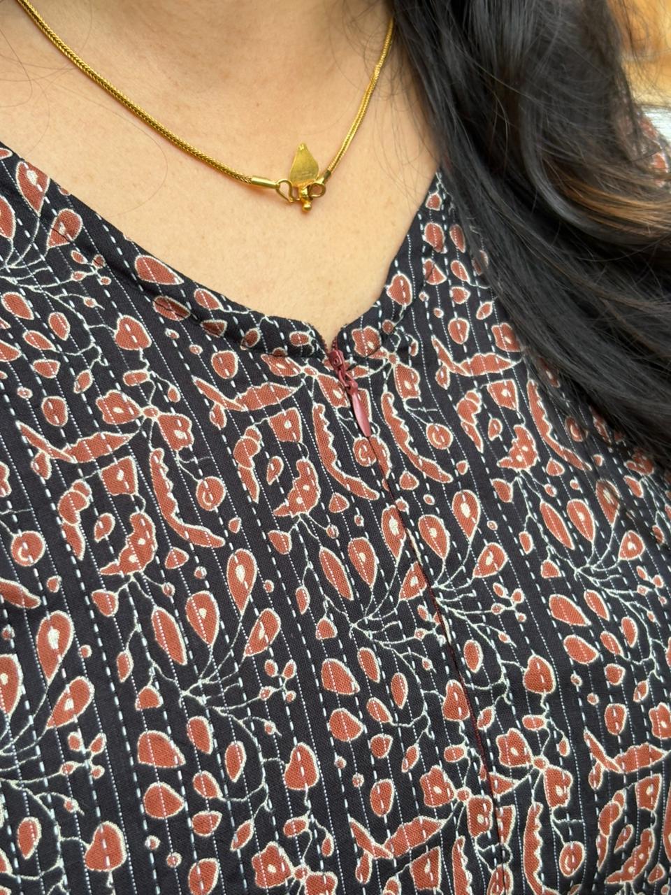 Black Printed Kantha Cotton Short Feeding Kaftan | Free Size |