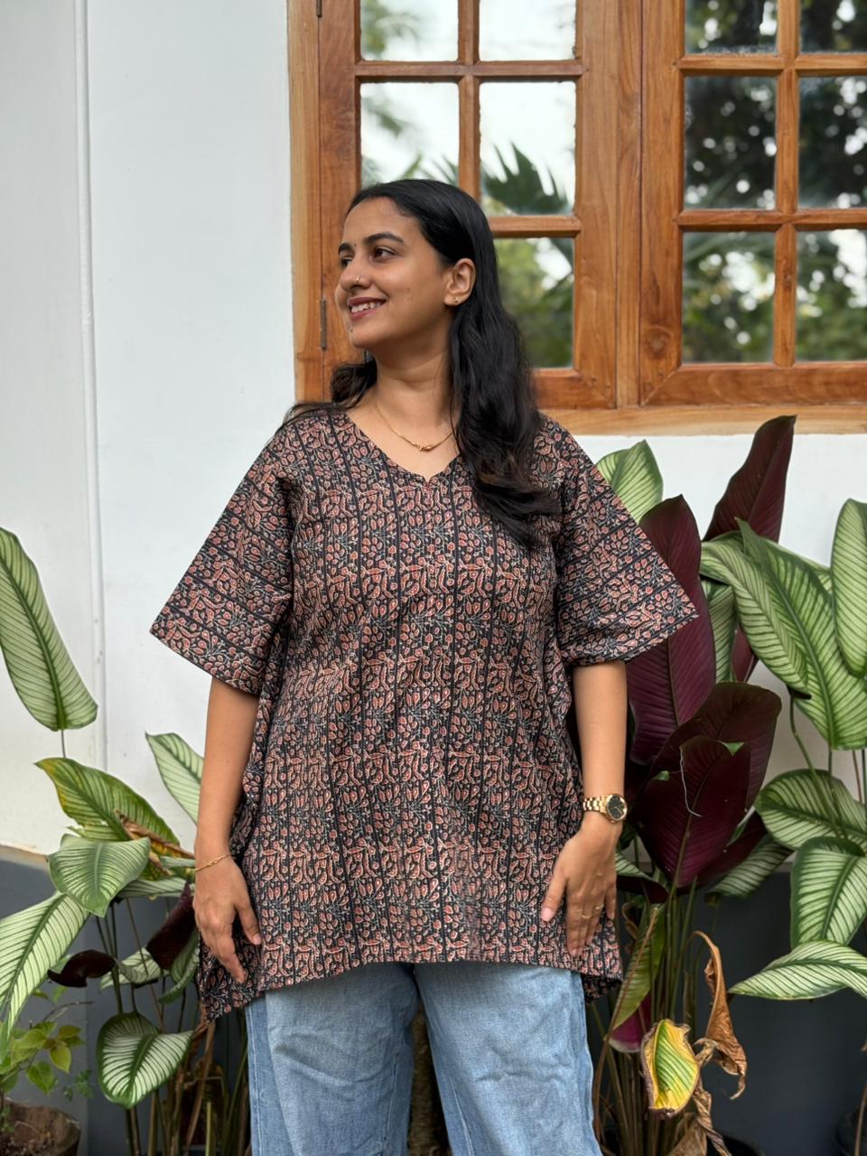 Black Printed Kantha Cotton Short Feeding Kaftan | Free Size |