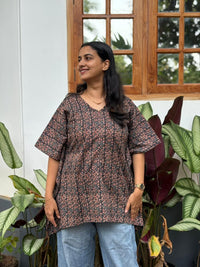 Black Printed Kantha Cotton Short Feeding Kaftan | Free Size |