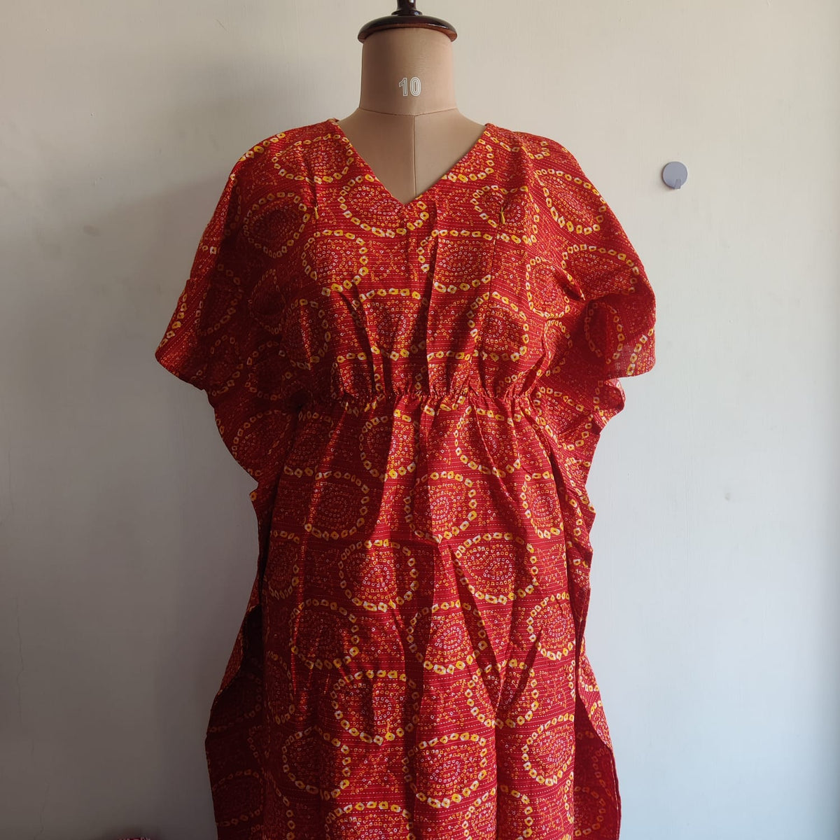 Red Bandhani Printed Kantha Cotton Short Feeding Kaftan | Free Size |