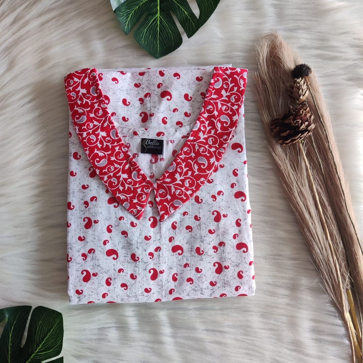 Pink And White Printed Premium Cotton Peter Pan Collar Nighty | Free Size | Chest Width 44″| Length 55″-56″