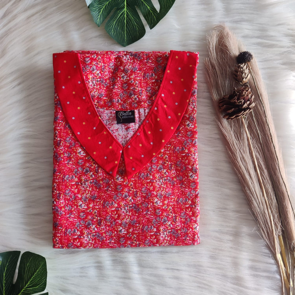 Red And Grey Floral Printed Premium Cotton Peter Pan Collar Nighty | Free Size | Chest Width 44″| Length 55″-56″