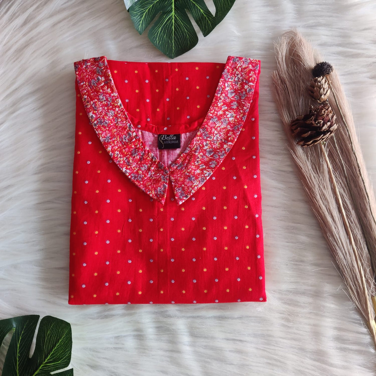 Grey And Red Dot Printed Premium Cotton Peter Pan Collar Nighty | Free Size | Chest Width 44″| Length 55″-56″