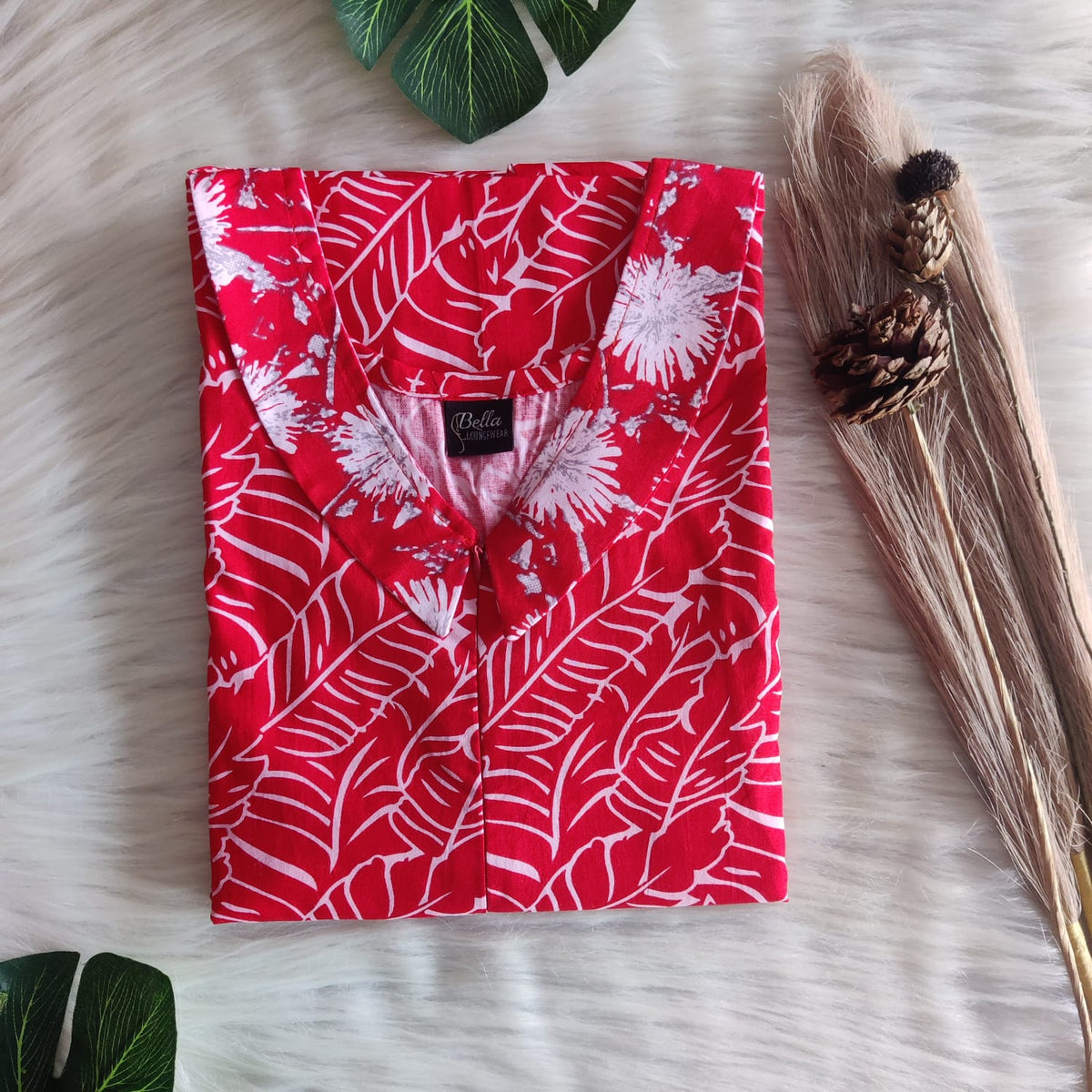 White And Red Printed Premium Cotton Peter Pan Collar Long Zip Feeding Nighty | Free Size | Chest Width 44″| Length 56″