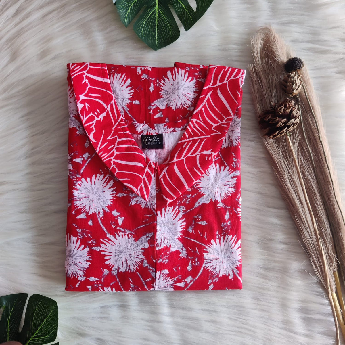 Red And White Floral Printed Premium Cotton Peter Pan Collar Long Zip Feeding Nighty | Free Size | Chest Width 44″| Length 56″