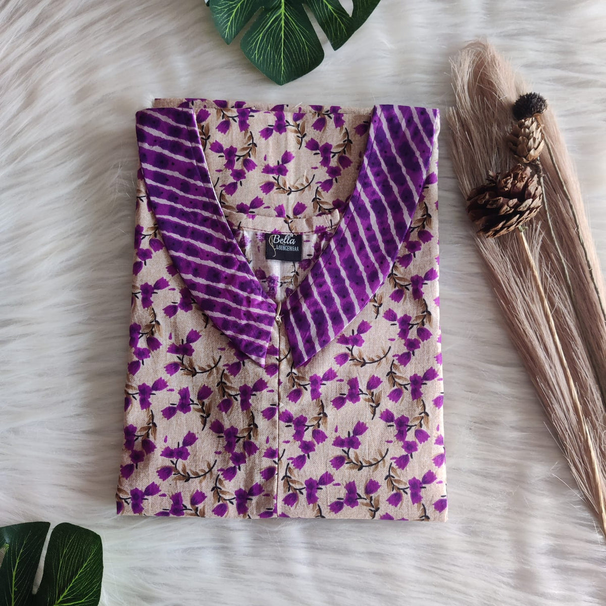 Violet And Cream Floral Printed Premium Cotton Peter Pan Collar Long Zip Feeding Nighty | Free Size | Chest Width 44″| Length 56″