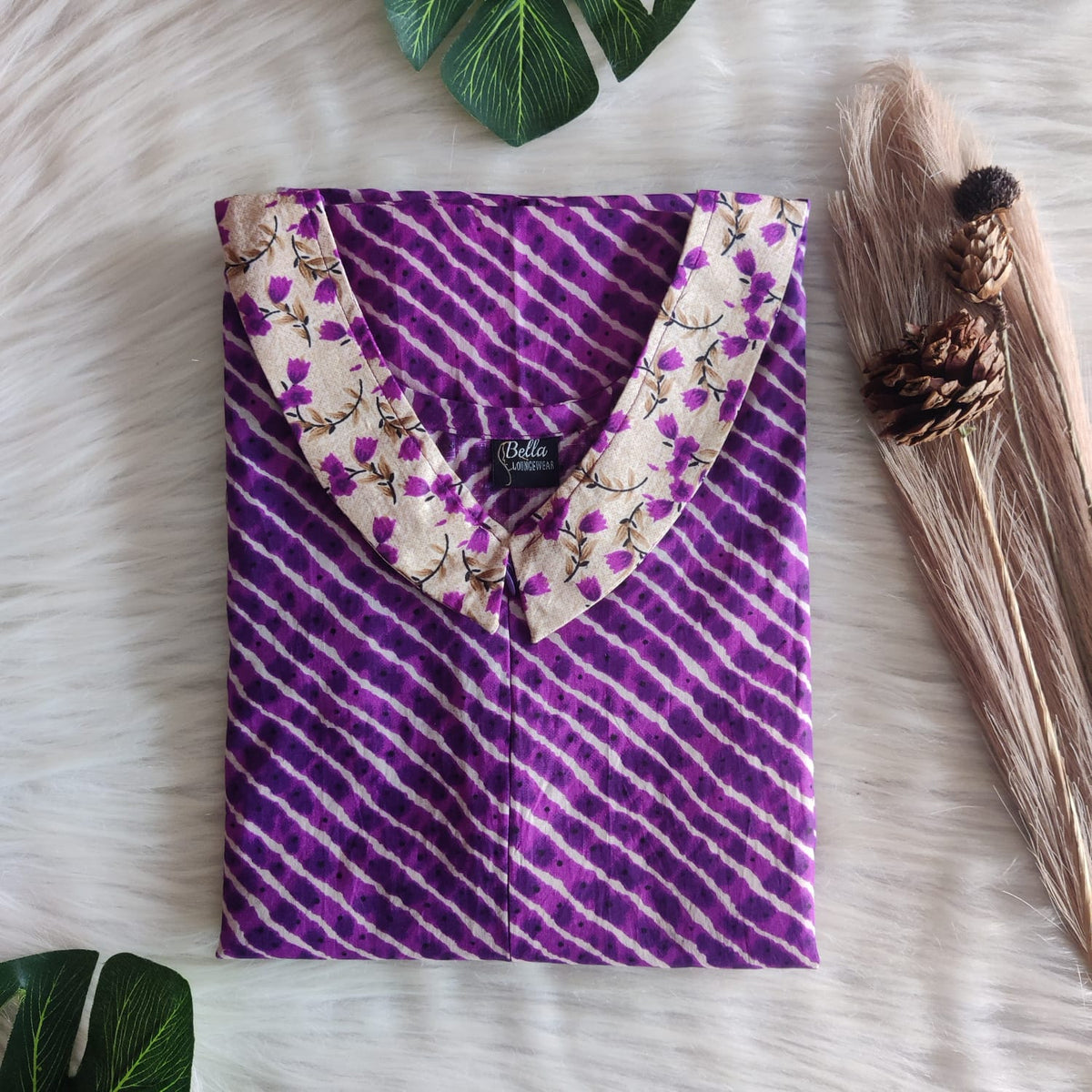 Cream And Violet Printed Premium Cotton Peter Pan Collar Long Zip Feeding Nighty | Free Size | Chest Width 44″| Length 56″